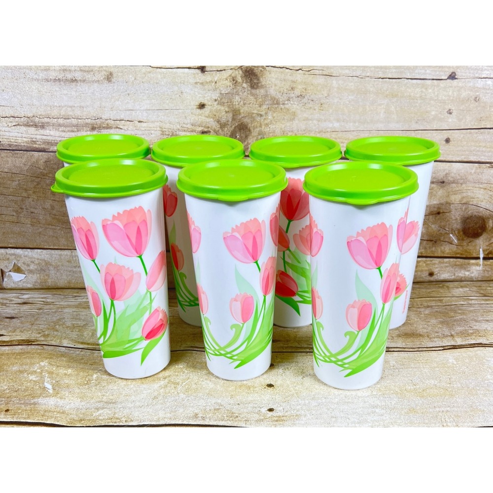 Tupperware RARE Springtime Pink TULIP 16 oz TUMBLER Set of 7 with Matching Seals